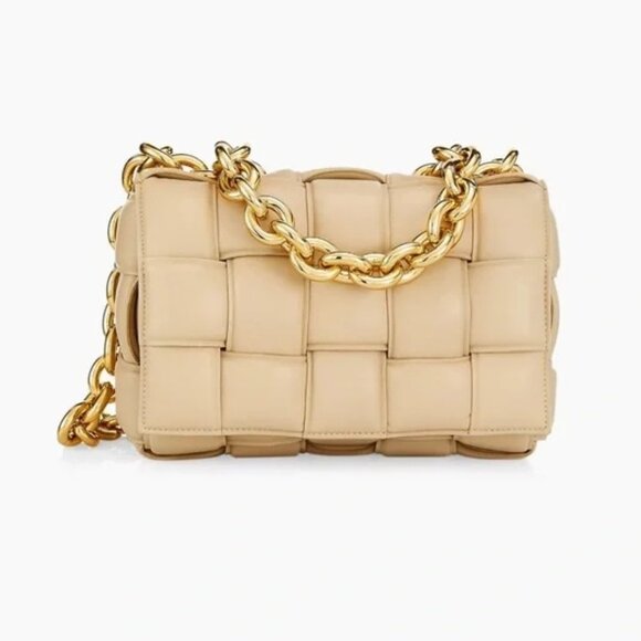 Bottega Veneta Handbags - Bottega Veneta Padded Cassette Shoulder Bag in Beige with Gold Chain